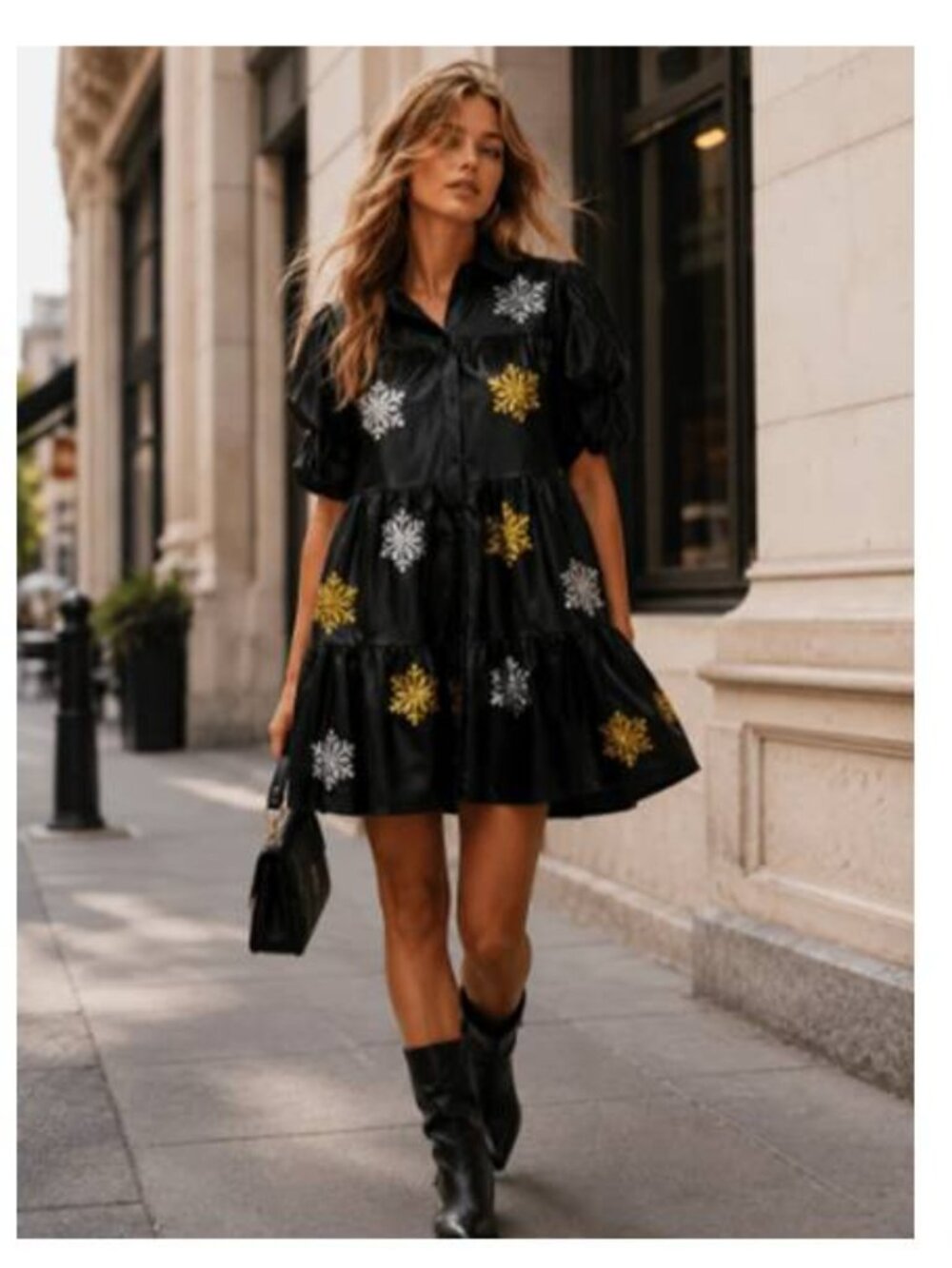 Womens Snowflakes Sequins Graphic Mini Dress PLeather Puff Sleeve Party Black